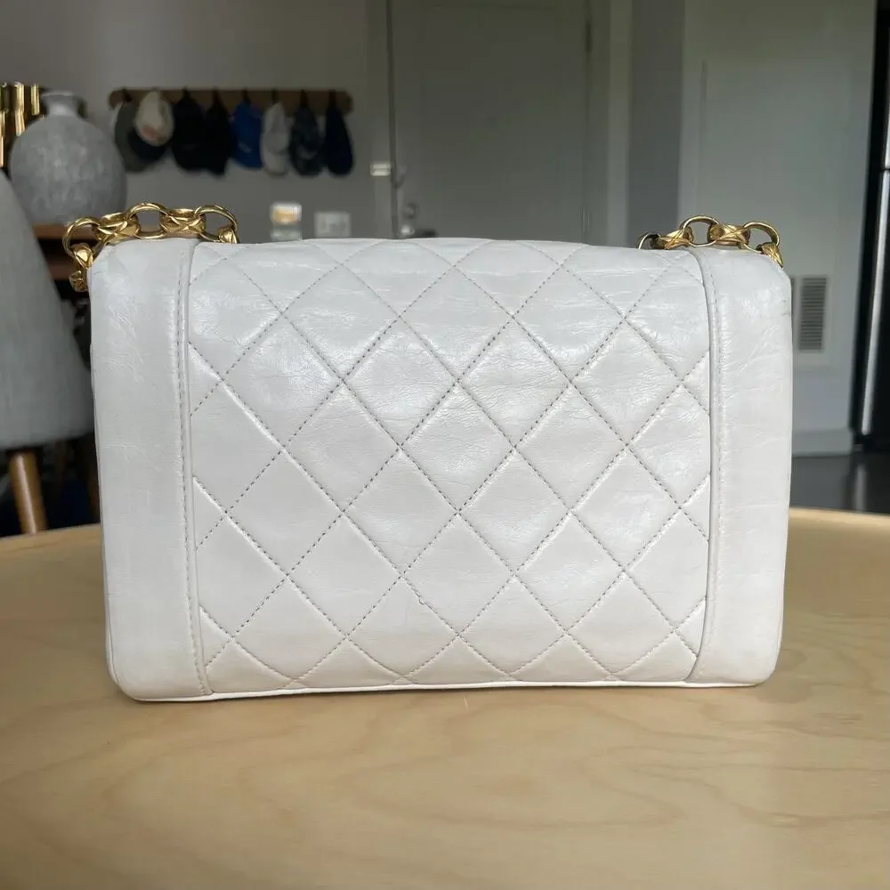 Chanel Diana Small White Leather Flap Bag w/ Gold Shoulder Chain CC Vintage